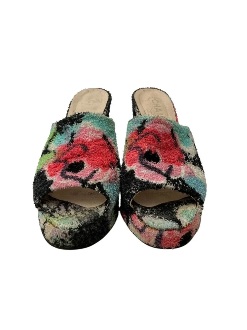 CHANEL Vintage Spring Summer 1997 Floral Terry Cloth Platform Mules sz 8.5